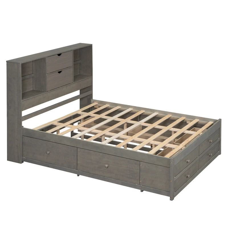 Lit plateforme double, tête de lit de rangement, 8 tiroirs, pin massif et MDF, gris, pour 2 personnes
