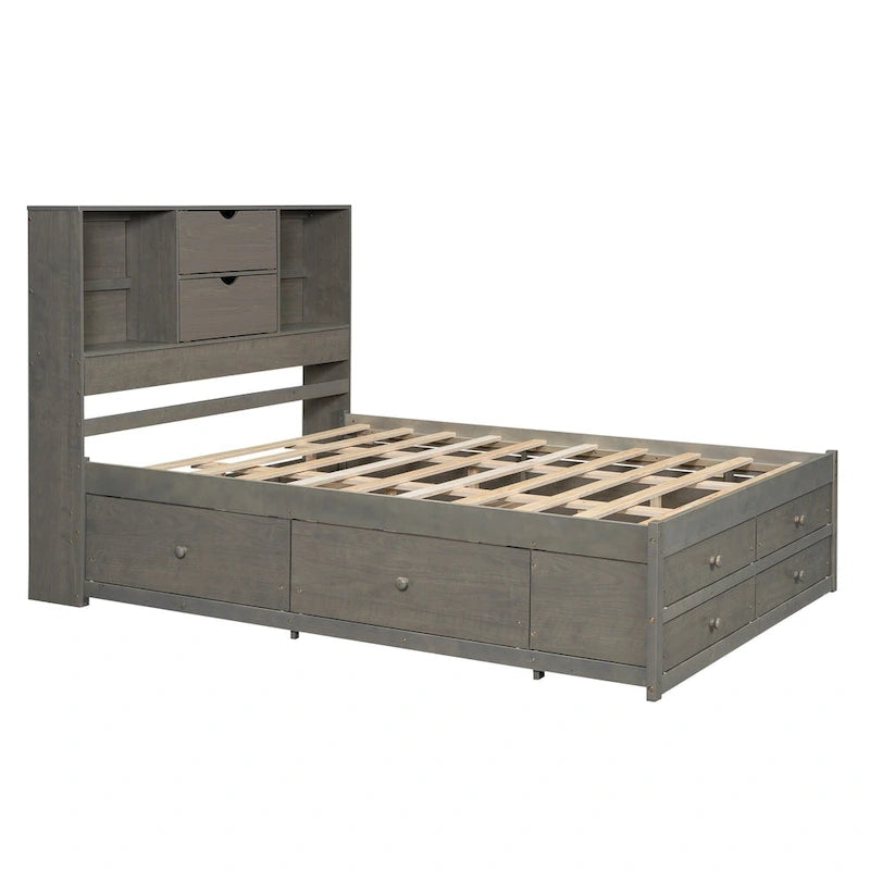 Lit plateforme double, tête de lit de rangement, 8 tiroirs, pin massif et MDF, gris, pour 2 personnes