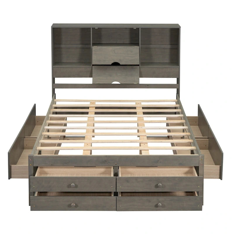 Lit plateforme double, tête de lit de rangement, 8 tiroirs, pin massif et MDF, gris, pour 2 personnes