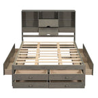 Lit plateforme double, tête de lit de rangement, 8 tiroirs, pin massif et MDF, gris, pour 2 personnes