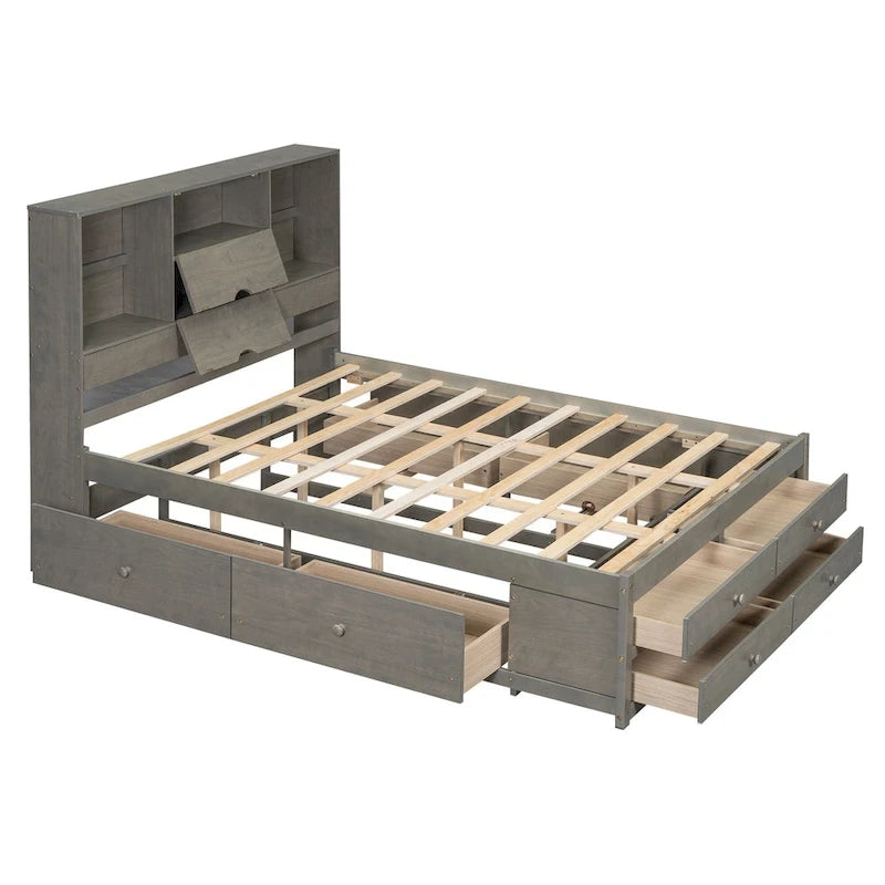 Lit plateforme double, tête de lit de rangement, 8 tiroirs, pin massif et MDF, gris, pour 2 personnes