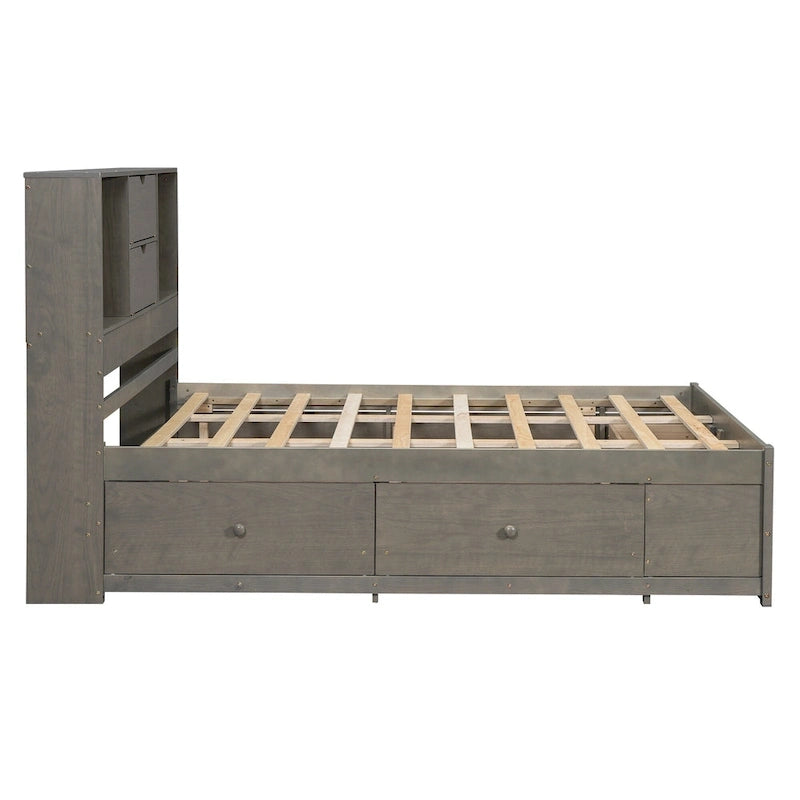 Lit plateforme double, tête de lit de rangement, 8 tiroirs, pin massif et MDF, gris, pour 2 personnes