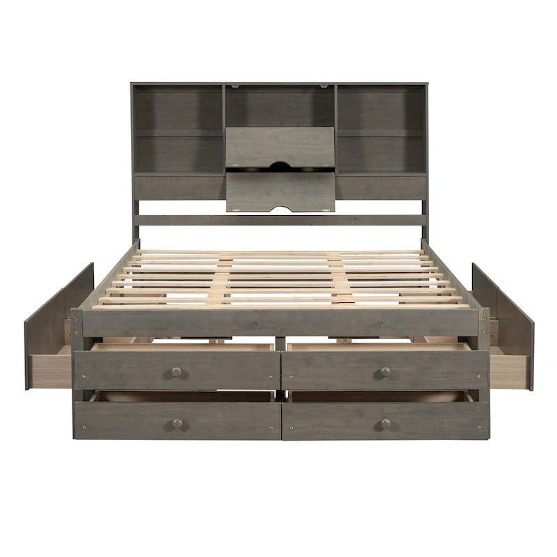 Lit plateforme double, tête de lit de rangement, 8 tiroirs, pin massif et MDF, gris, pour 2 personnes