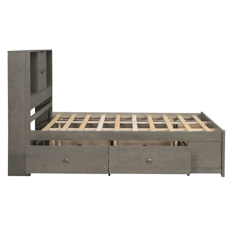 Lit plateforme double, tête de lit de rangement, 8 tiroirs, pin massif et MDF, gris, pour 2 personnes