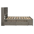 Lit plateforme double, tête de lit de rangement, 8 tiroirs, pin massif et MDF, gris, pour 2 personnes