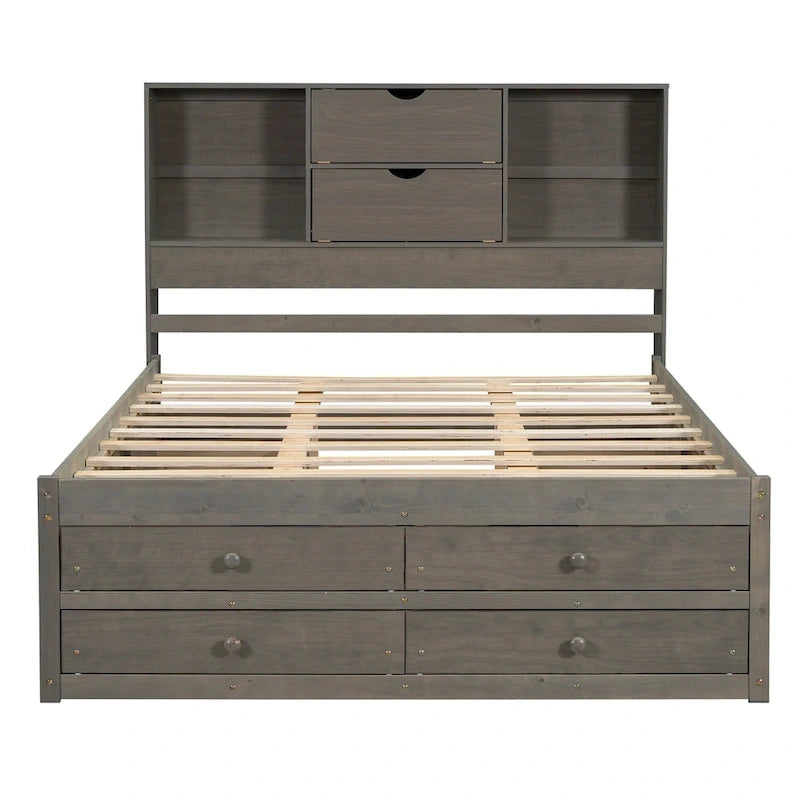 Lit plateforme double, tête de lit de rangement, 8 tiroirs, pin massif et MDF, gris, pour 2 personnes