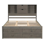 Lit plateforme double, tête de lit de rangement, 8 tiroirs, pin massif et MDF, gris, pour 2 personnes