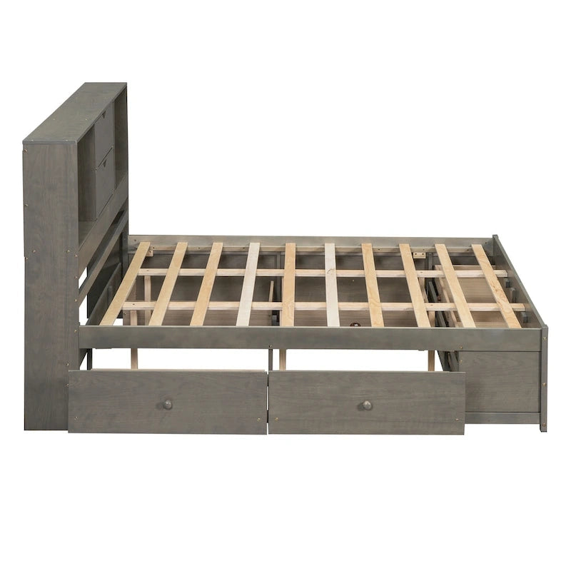 Lit plateforme double, tête de lit de rangement, 8 tiroirs, pin massif et MDF, gris, pour 2 personnes