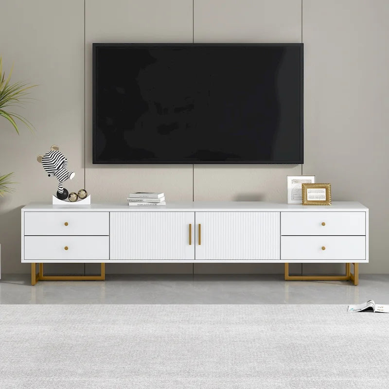 Meuble TV de 180 cm, 4 tiroirs, 1 placard, portes rainurées ondulées, cadre en métal en forme de T, compatible avec les TV jusqu'à 75 pouces, MDF et mélamine, blanc, assemblage par 2 personnes