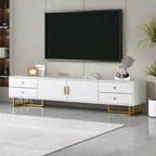 Meuble TV de 180 cm, 4 tiroirs, 1 placard, portes rainurées ondulées, cadre en métal en forme de T, compatible avec les TV jusqu'à 75 pouces, MDF et mélamine, blanc, assemblage par 2 personnes