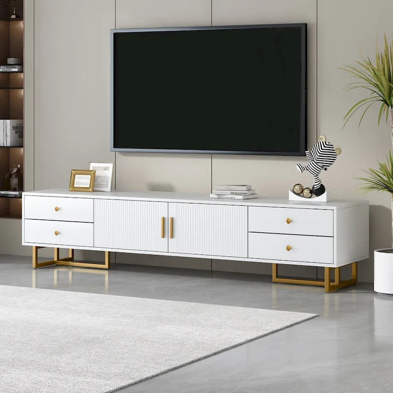Meuble TV de 180 cm, 4 tiroirs, 1 placard, portes rainurées ondulées, cadre en métal en forme de T, compatible avec les TV jusqu'à 75 pouces, MDF et mélamine, blanc, assemblage par 2 personnes