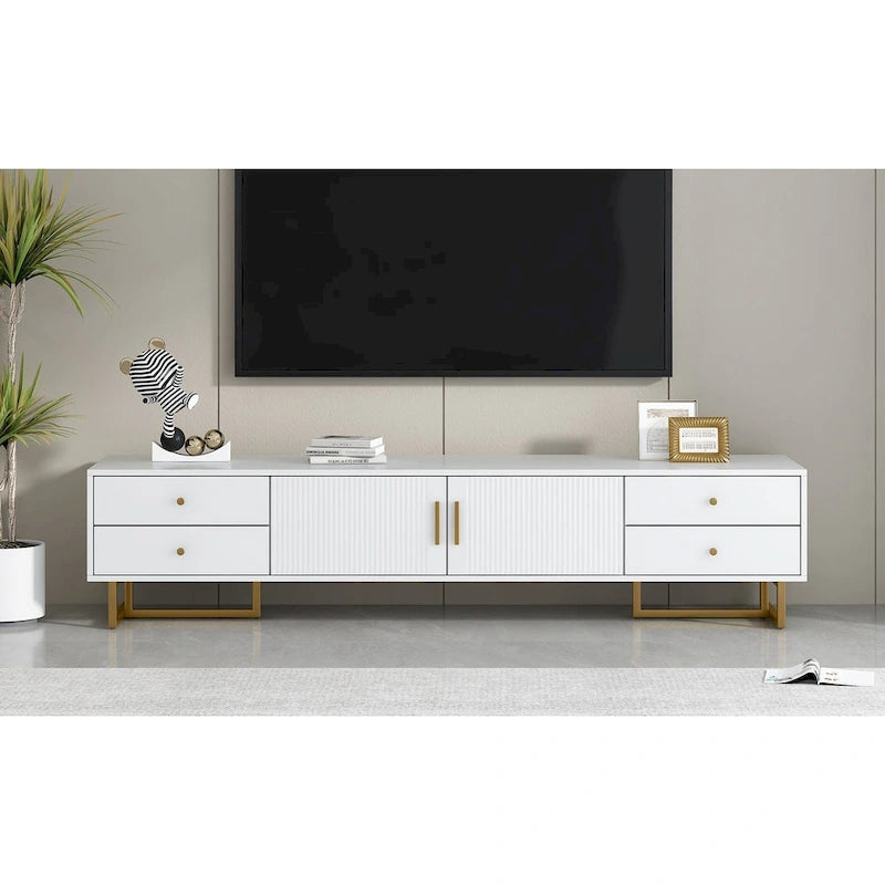Meuble TV de 180 cm, 4 tiroirs, 1 placard, portes rainurées ondulées, cadre en métal en forme de T, compatible avec les TV jusqu'à 75 pouces, MDF et mélamine, blanc, assemblage par 2 personnes
