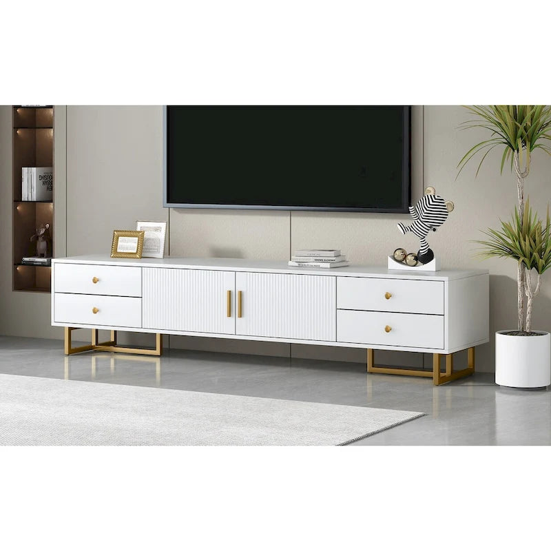 Meuble TV de 180 cm, 4 tiroirs, 1 placard, portes rainurées ondulées, cadre en métal en forme de T, compatible avec les TV jusqu'à 75 pouces, MDF et mélamine, blanc, assemblage par 2 personnes