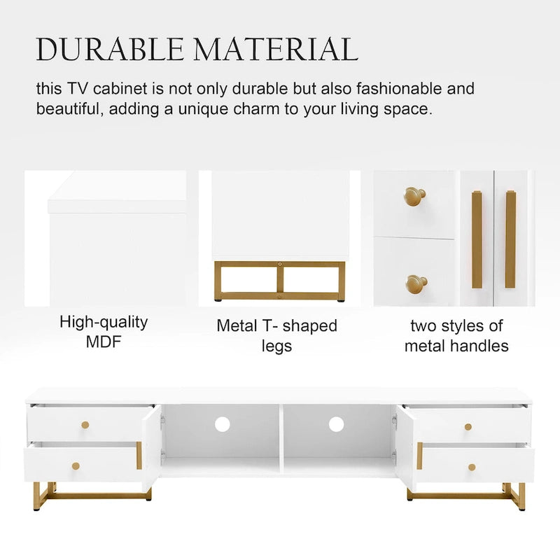 Meuble TV de 180 cm, 4 tiroirs, 1 placard, portes rainurées ondulées, cadre en métal en forme de T, compatible avec les TV jusqu'à 75 pouces, MDF et mélamine, blanc, assemblage par 2 personnes