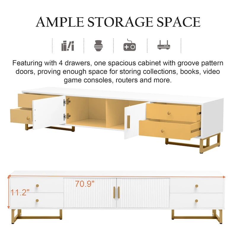 Meuble TV de 180 cm, 4 tiroirs, 1 placard, portes rainurées ondulées, cadre en métal en forme de T, compatible avec les TV jusqu'à 75 pouces, MDF et mélamine, blanc, assemblage par 2 personnes