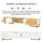 Meuble TV de 180 cm, 4 tiroirs, 1 placard, portes rainurées ondulées, cadre en métal en forme de T, compatible avec les TV jusqu'à 75 pouces, MDF et mélamine, blanc, assemblage par 2 personnes
