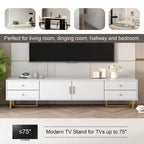 Meuble TV de 180 cm, 4 tiroirs, 1 placard, portes rainurées ondulées, cadre en métal en forme de T, compatible avec les TV jusqu'à 75 pouces, MDF et mélamine, blanc, assemblage par 2 personnes