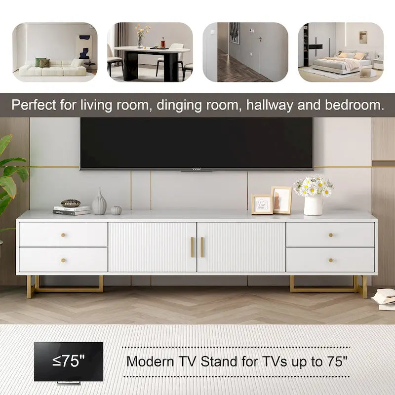 Meuble TV de 180 cm, 4 tiroirs, 1 placard, portes rainurées ondulées, cadre en métal en forme de T, compatible avec les TV jusqu'à 75 pouces, MDF et mélamine, blanc, assemblage par 2 personnes