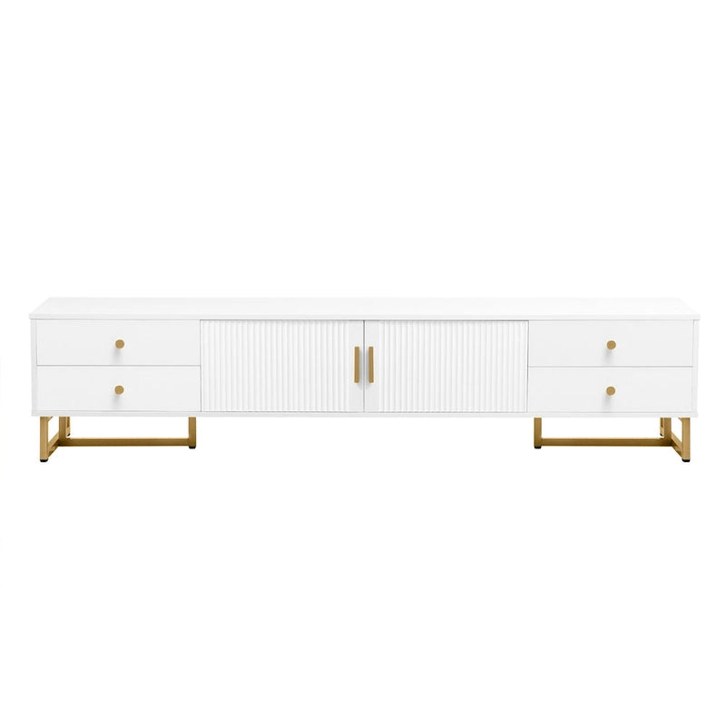 Meuble TV de 180 cm, 4 tiroirs, 1 placard, portes rainurées ondulées, cadre en métal en forme de T, compatible avec les TV jusqu'à 75 pouces, MDF et mélamine, blanc, assemblage par 2 personnes