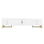 Meuble TV de 180 cm, 4 tiroirs, 1 placard, portes rainurées ondulées, cadre en métal en forme de T, compatible avec les TV jusqu'à 75 pouces, MDF et mélamine, blanc, assemblage par 2 personnes