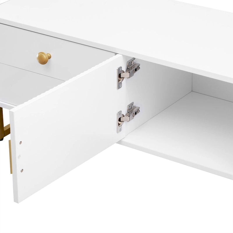 Meuble TV de 180 cm, 4 tiroirs, 1 placard, portes rainurées ondulées, cadre en métal en forme de T, compatible avec les TV jusqu'à 75 pouces, MDF et mélamine, blanc, assemblage par 2 personnes