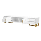 Meuble TV de 180 cm, 4 tiroirs, 1 placard, portes rainurées ondulées, cadre en métal en forme de T, compatible avec les TV jusqu'à 75 pouces, MDF et mélamine, blanc, assemblage par 2 personnes