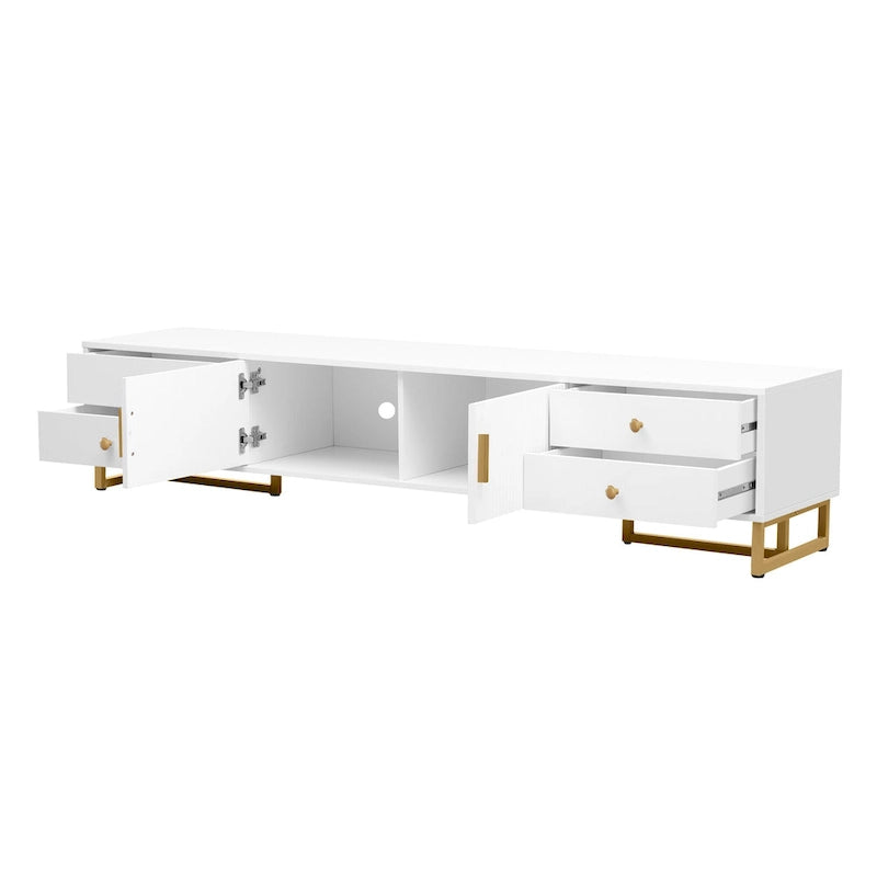 Meuble TV de 180 cm, 4 tiroirs, 1 placard, portes rainurées ondulées, cadre en métal en forme de T, compatible avec les TV jusqu'à 75 pouces, MDF et mélamine, blanc, assemblage par 2 personnes