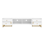 Meuble TV de 180 cm, 4 tiroirs, 1 placard, portes rainurées ondulées, cadre en métal en forme de T, compatible avec les TV jusqu'à 75 pouces, MDF et mélamine, blanc, assemblage par 2 personnes