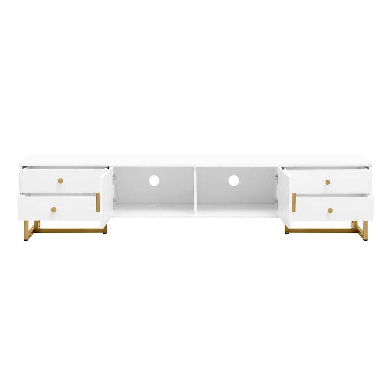 Meuble TV de 180 cm, 4 tiroirs, 1 placard, portes rainurées ondulées, cadre en métal en forme de T, compatible avec les TV jusqu'à 75 pouces, MDF et mélamine, blanc, assemblage par 2 personnes