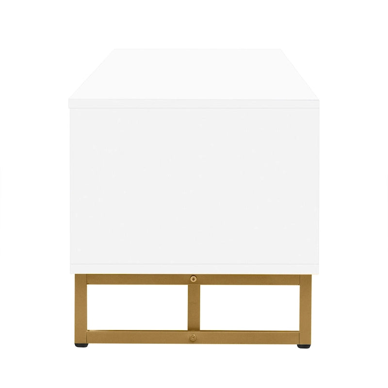 Meuble TV de 180 cm, 4 tiroirs, 1 placard, portes rainurées ondulées, cadre en métal en forme de T, compatible avec les TV jusqu'à 75 pouces, MDF et mélamine, blanc, assemblage par 2 personnes