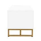 Meuble TV de 180 cm, 4 tiroirs, 1 placard, portes rainurées ondulées, cadre en métal en forme de T, compatible avec les TV jusqu'à 75 pouces, MDF et mélamine, blanc, assemblage par 2 personnes