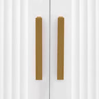 Meuble TV de 180 cm, 4 tiroirs, 1 placard, portes rainurées ondulées, cadre en métal en forme de T, compatible avec les TV jusqu'à 75 pouces, MDF et mélamine, blanc, assemblage par 2 personnes