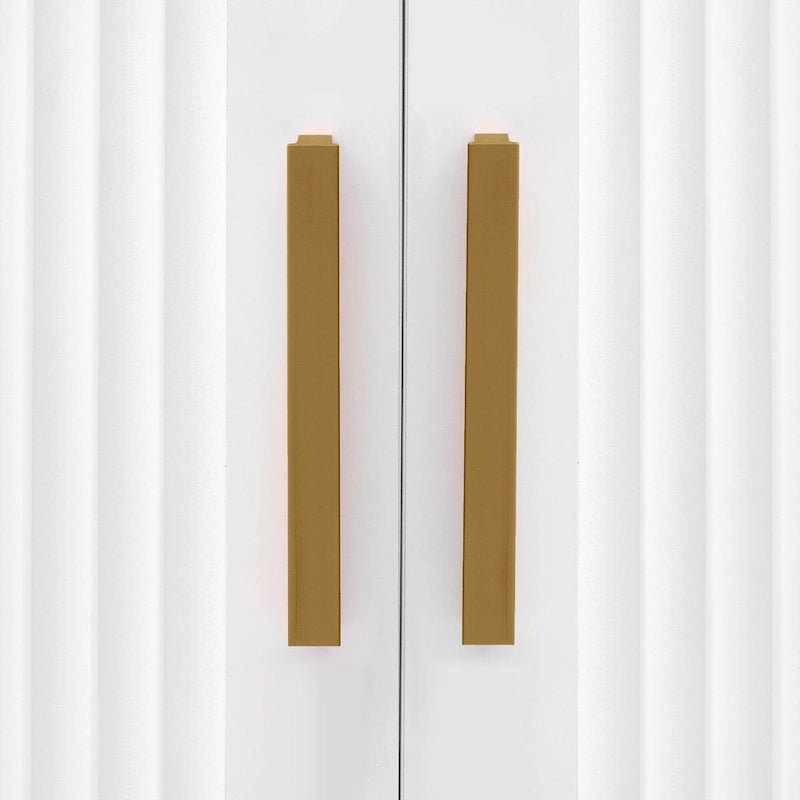 Meuble TV de 180 cm, 4 tiroirs, 1 placard, portes rainurées ondulées, cadre en métal en forme de T, compatible avec les TV jusqu'à 75 pouces, MDF et mélamine, blanc, assemblage par 2 personnes