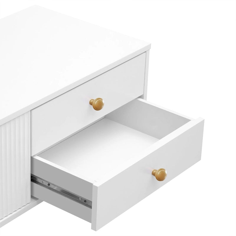 Meuble TV de 180 cm, 4 tiroirs, 1 placard, portes rainurées ondulées, cadre en métal en forme de T, compatible avec les TV jusqu'à 75 pouces, MDF et mélamine, blanc, assemblage par 2 personnes