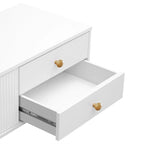 Meuble TV de 180 cm, 4 tiroirs, 1 placard, portes rainurées ondulées, cadre en métal en forme de T, compatible avec les TV jusqu'à 75 pouces, MDF et mélamine, blanc, assemblage par 2 personnes