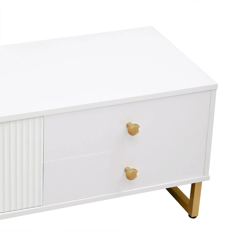 Meuble TV de 180 cm, 4 tiroirs, 1 placard, portes rainurées ondulées, cadre en métal en forme de T, compatible avec les TV jusqu'à 75 pouces, MDF et mélamine, blanc, assemblage par 2 personnes