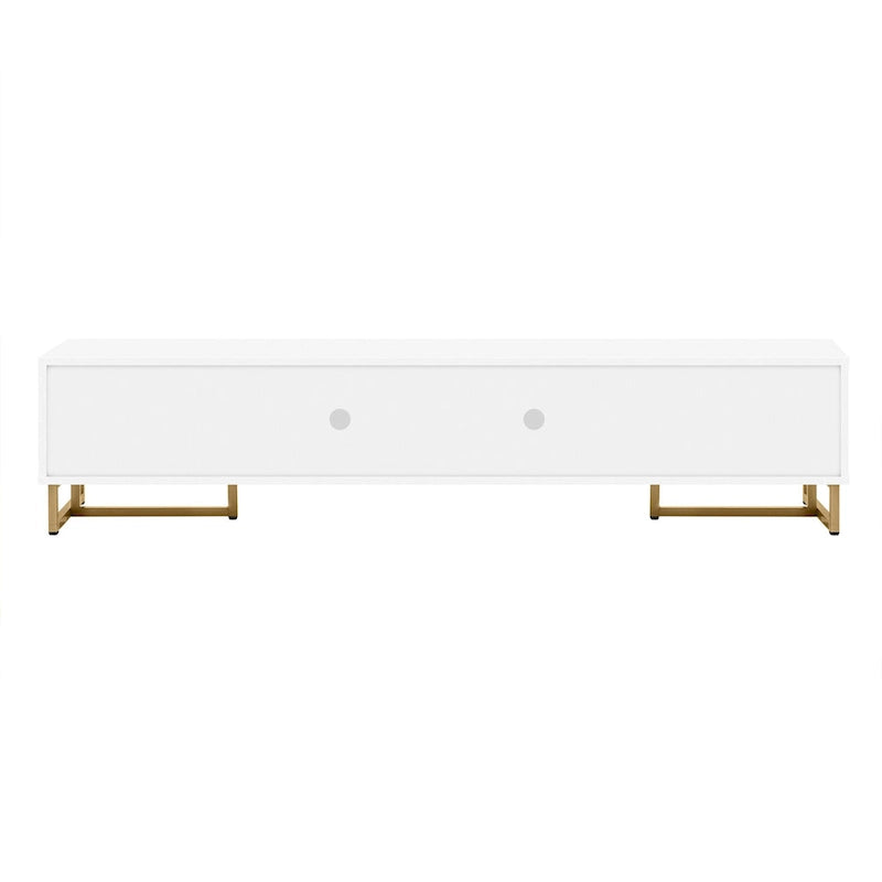 Meuble TV de 180 cm, 4 tiroirs, 1 placard, portes rainurées ondulées, cadre en métal en forme de T, compatible avec les TV jusqu'à 75 pouces, MDF et mélamine, blanc, assemblage par 2 personnes