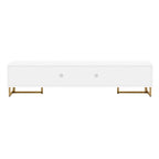 Meuble TV de 180 cm, 4 tiroirs, 1 placard, portes rainurées ondulées, cadre en métal en forme de T, compatible avec les TV jusqu'à 75 pouces, MDF et mélamine, blanc, assemblage par 2 personnes