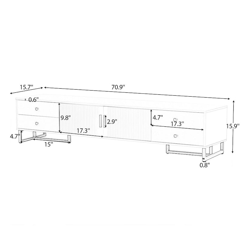 Meuble TV de 180 cm, 4 tiroirs, 1 placard, portes rainurées ondulées, cadre en métal en forme de T, compatible avec les TV jusqu'à 75 pouces, MDF et mélamine, blanc, assemblage par 2 personnes