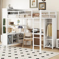 Lit mezzanine pleine grandeur en métal, bureau en L, armoire, 4 casiers de rangement, garde-corps, métal et MDF, blanc cassé, usage individuel