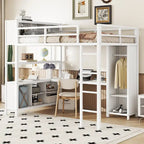 Lit mezzanine pleine grandeur en métal, bureau en L, armoire, 4 casiers de rangement, garde-corps, métal et MDF, blanc cassé, usage individuel