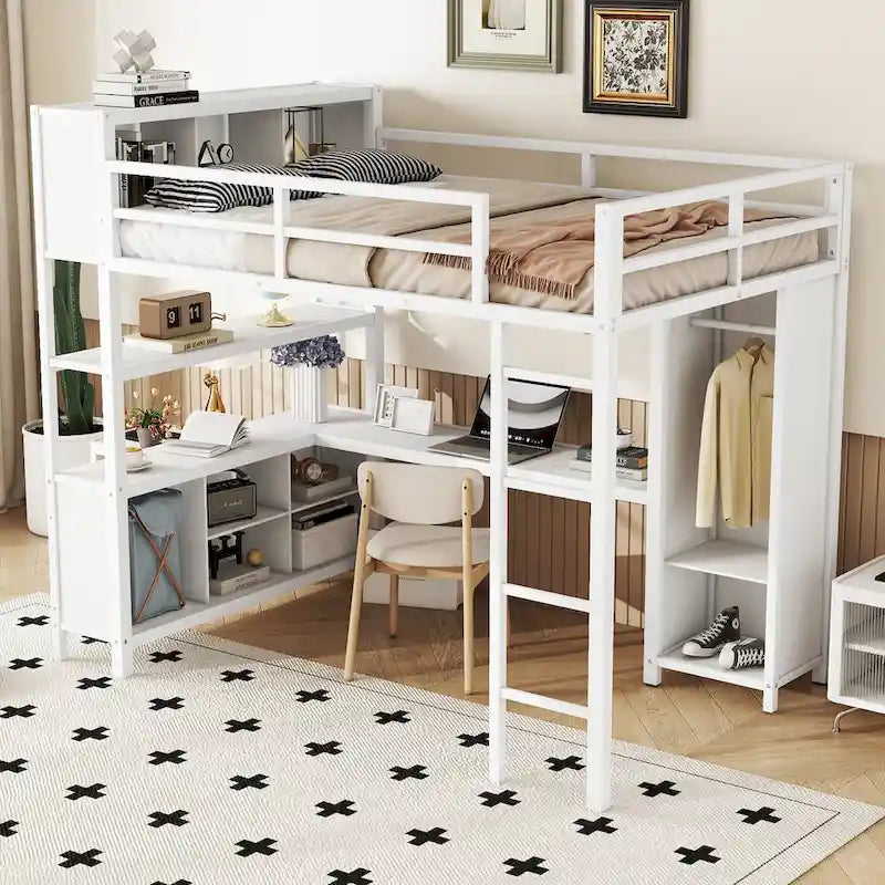 Lit mezzanine pleine grandeur en métal, bureau en L, armoire, 4 casiers de rangement, garde-corps, métal et MDF, blanc cassé, usage individuel