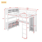 Lit mezzanine pleine grandeur en métal, bureau en L, armoire, 4 casiers de rangement, garde-corps, métal et MDF, blanc cassé, usage individuel