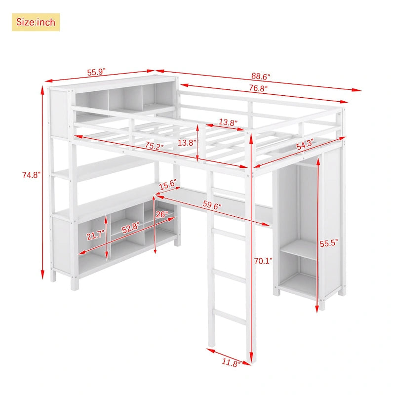 Lit mezzanine pleine grandeur en métal, bureau en L, armoire, 4 casiers de rangement, garde-corps, métal et MDF, blanc cassé, usage individuel