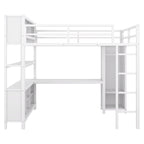Lit mezzanine pleine grandeur en métal, bureau en L, armoire, 4 casiers de rangement, garde-corps, métal et MDF, blanc cassé, usage individuel