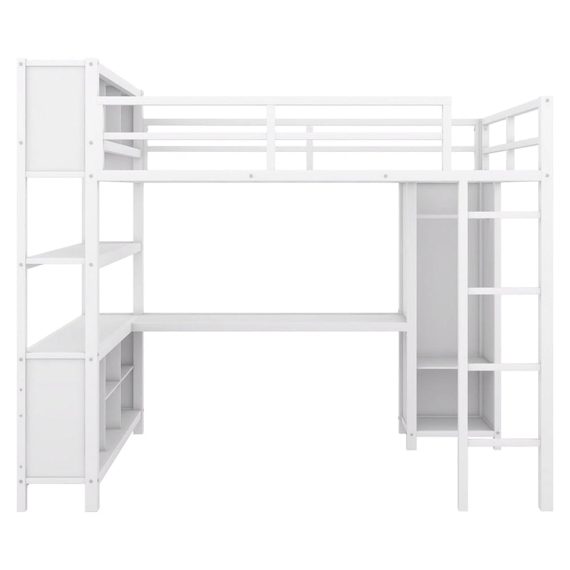 Lit mezzanine pleine grandeur en métal, bureau en L, armoire, 4 casiers de rangement, garde-corps, métal et MDF, blanc cassé, usage individuel