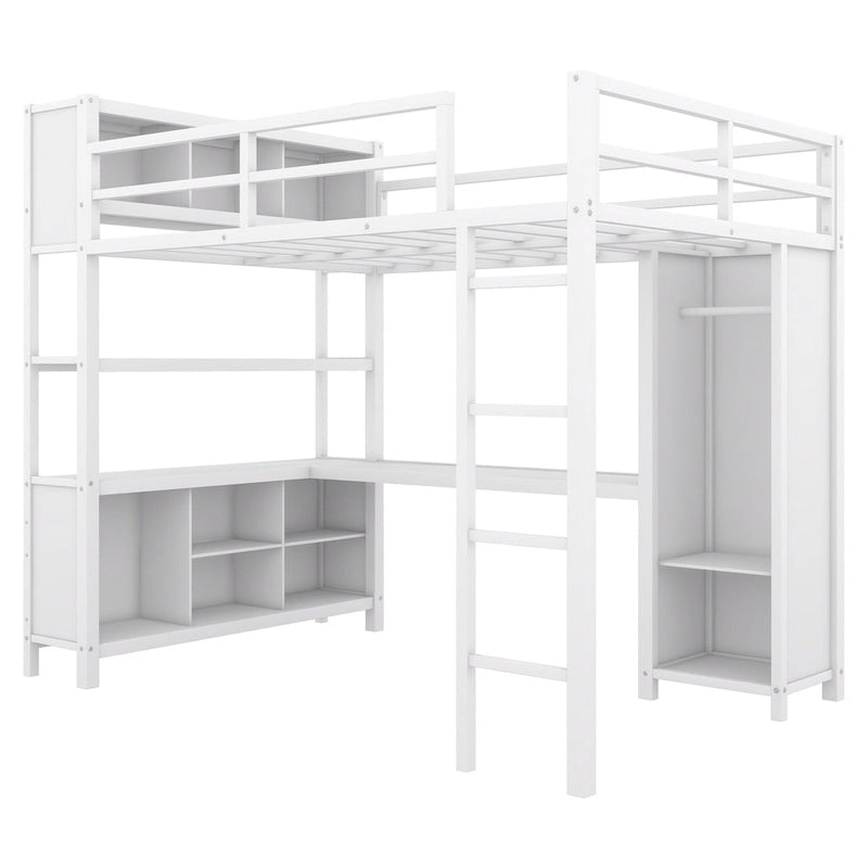 Lit mezzanine pleine grandeur en métal, bureau en L, armoire, 4 casiers de rangement, garde-corps, métal et MDF, blanc cassé, usage individuel