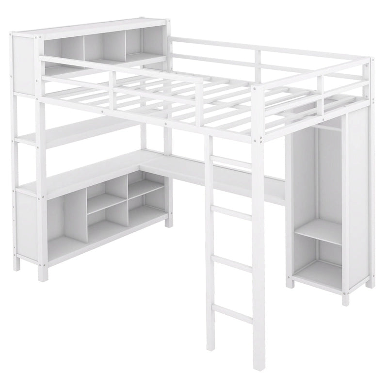 Lit mezzanine pleine grandeur en métal, bureau en L, armoire, 4 casiers de rangement, garde-corps, métal et MDF, blanc cassé, usage individuel