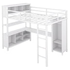 Lit mezzanine pleine grandeur en métal, bureau en L, armoire, 4 casiers de rangement, garde-corps, métal et MDF, blanc cassé, usage individuel