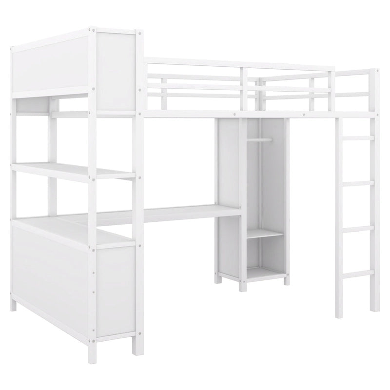 Lit mezzanine pleine grandeur en métal, bureau en L, armoire, 4 casiers de rangement, garde-corps, métal et MDF, blanc cassé, usage individuel